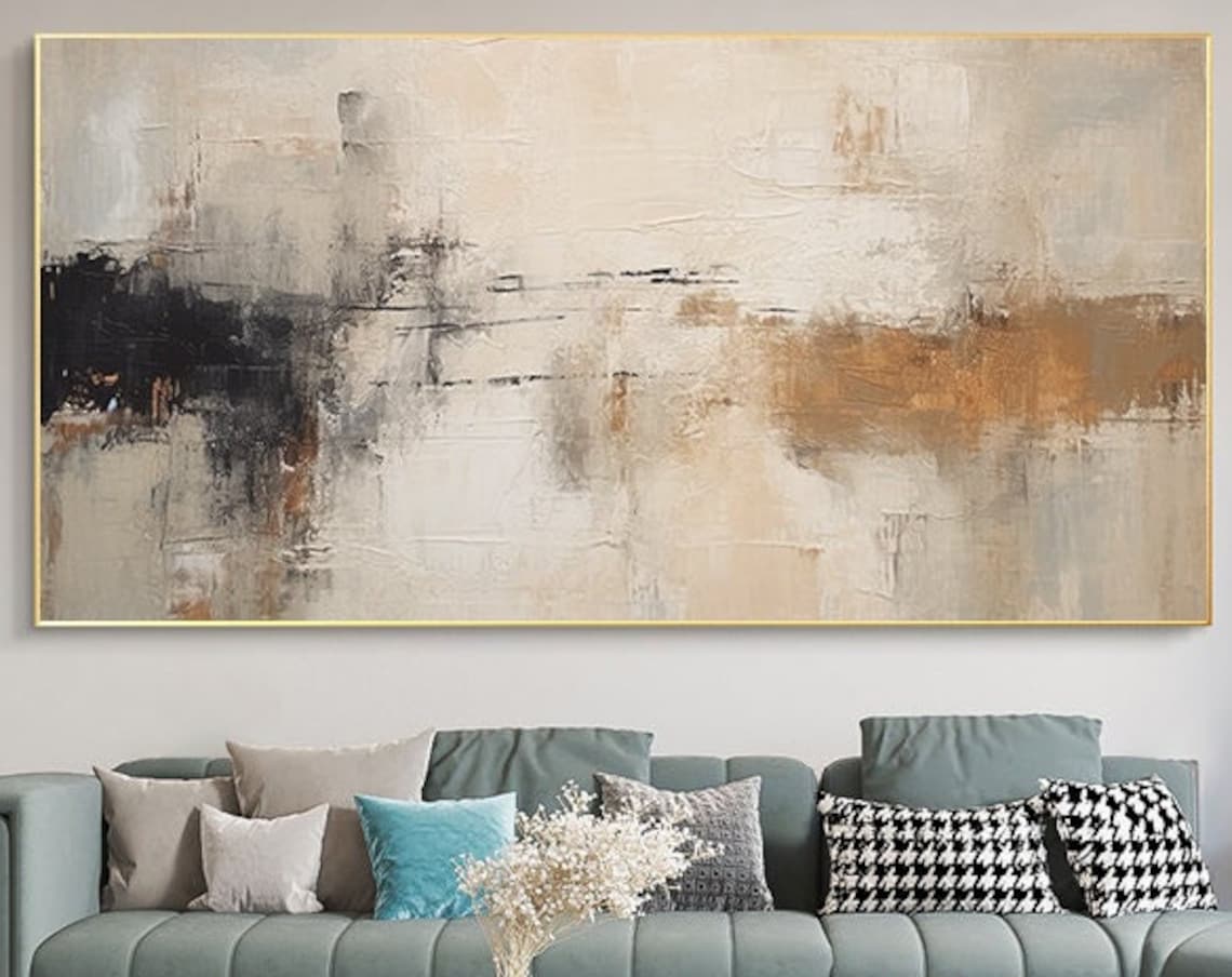 Beige Black Copper Textured Abstract Horizon Wide Living Room Poster