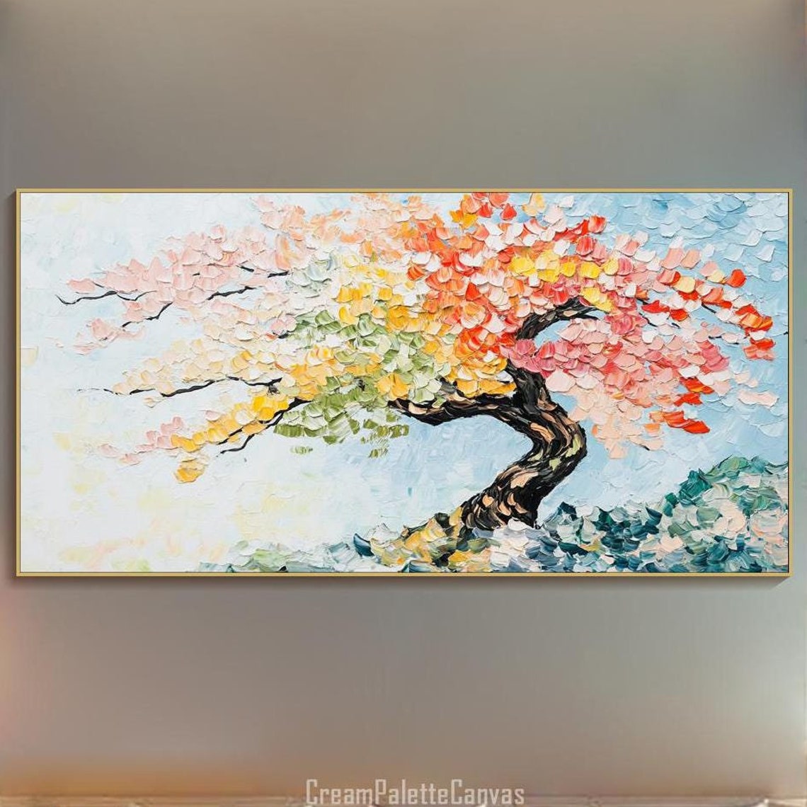Vibrant Rainbow Blossom Tree 3D Textured Impasto Oil Painting Wall Art