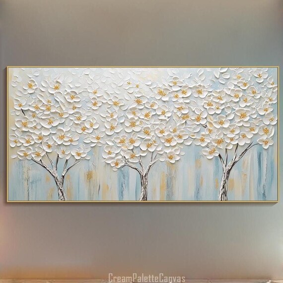 Abstract Blue And White 3d Textured Tree Wall Art Luxurious Modern Elegant Tree Oil Painting On Nature Art Large Living Room Decor