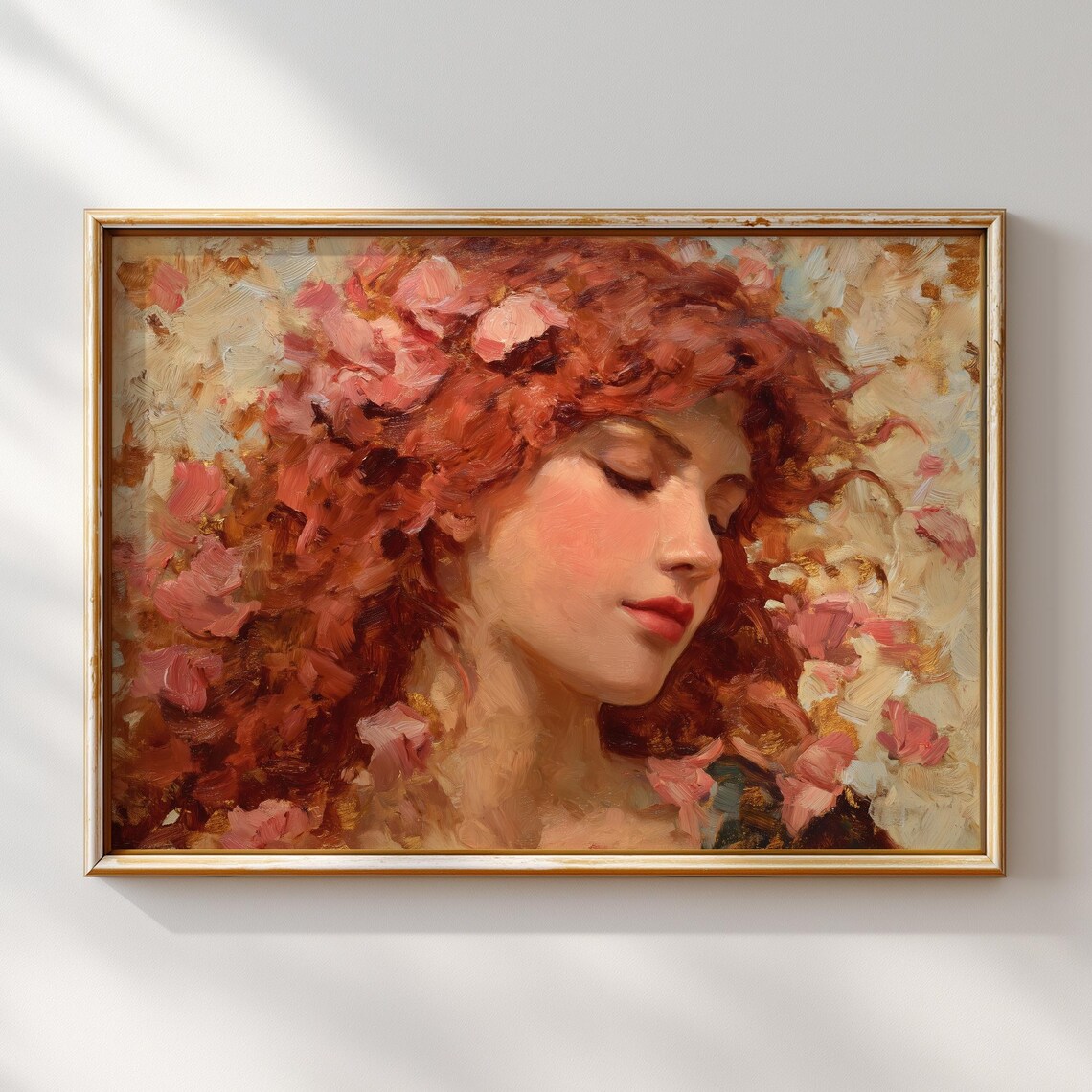 Red Haired Woman Among Flowers Impressionist Oil Portrait Poster