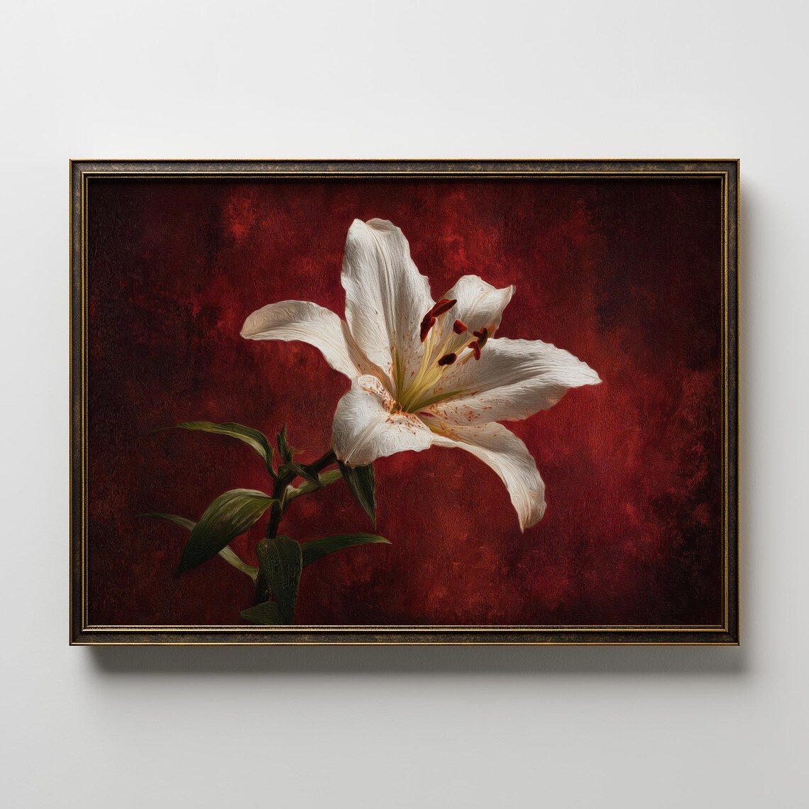 White Lily Bloom Vintage Floral Oil Painting Deep Red Ground Poster