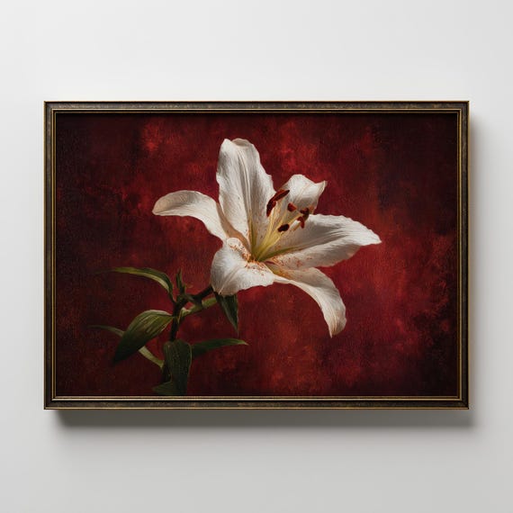 White Lily Wall Art Vintage Floral Painting Elegant Botanical Print Red Background Flower Poster Classic Decor