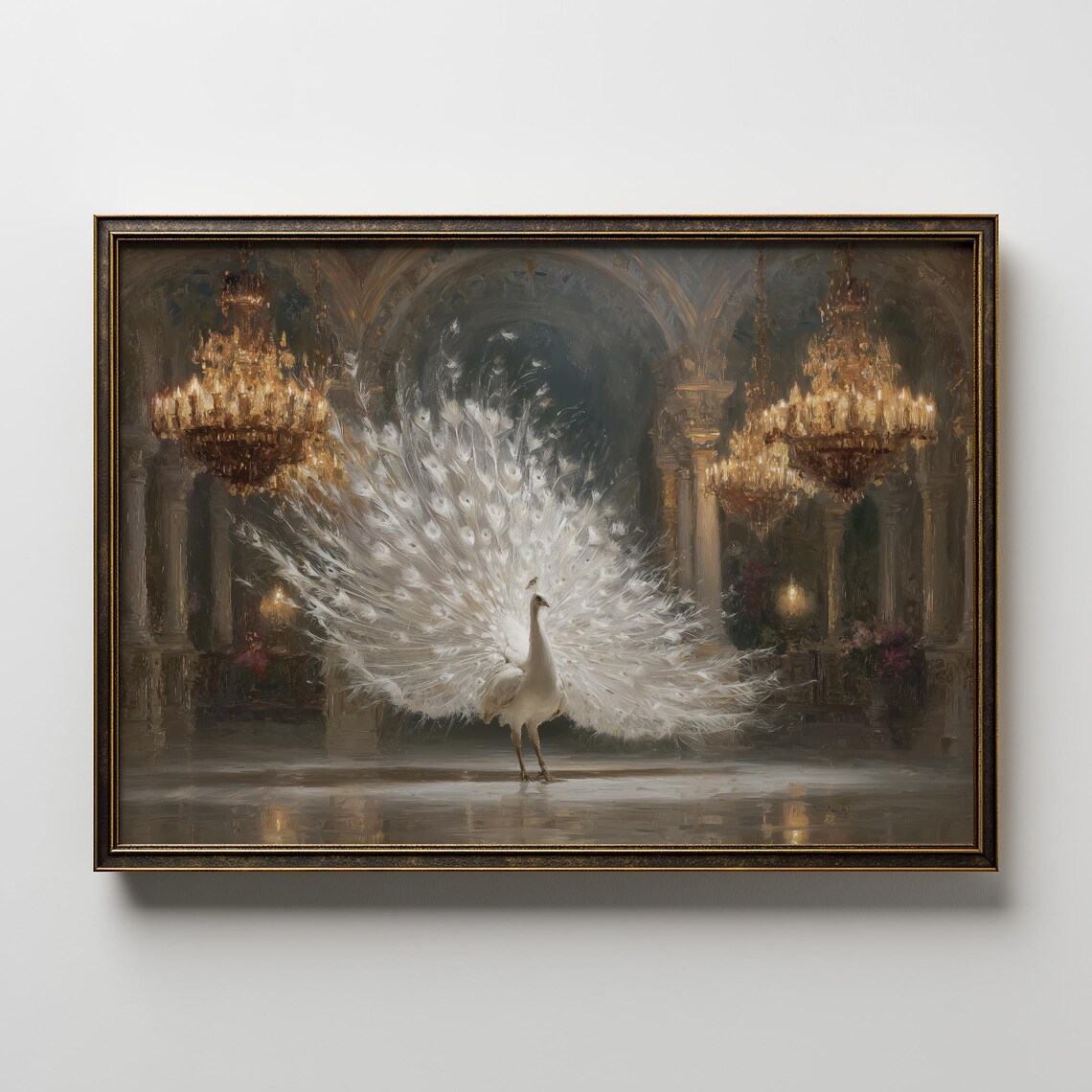 White Peacock Palace Chandelier Grand Ballroom Elegant Bird Wall Art