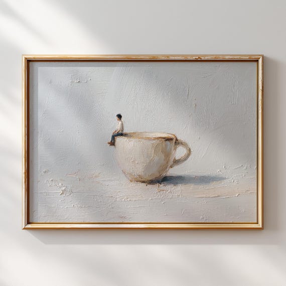 Minimalist Coffee Cup Wall Art Print With Tiny Figure Modern Neutral Kitchen Decor Painting Artwork For Home