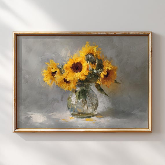 Sunflower Bouquet Wall Art Print In Glass Vase Vibrant Yellow Floral Painting Botanical Home Decor For Kitchen Living Room