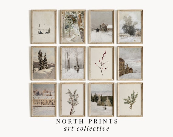 Winter Gallery Wall Art Bundle, Vintage Neutral Holiday