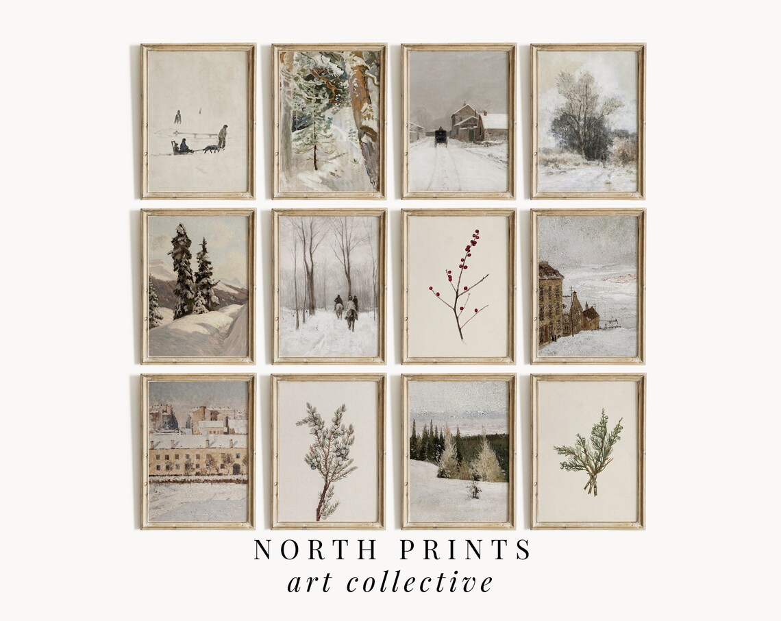 Winter Gallery Wall Art Bundle, Vintage Neutral Holiday