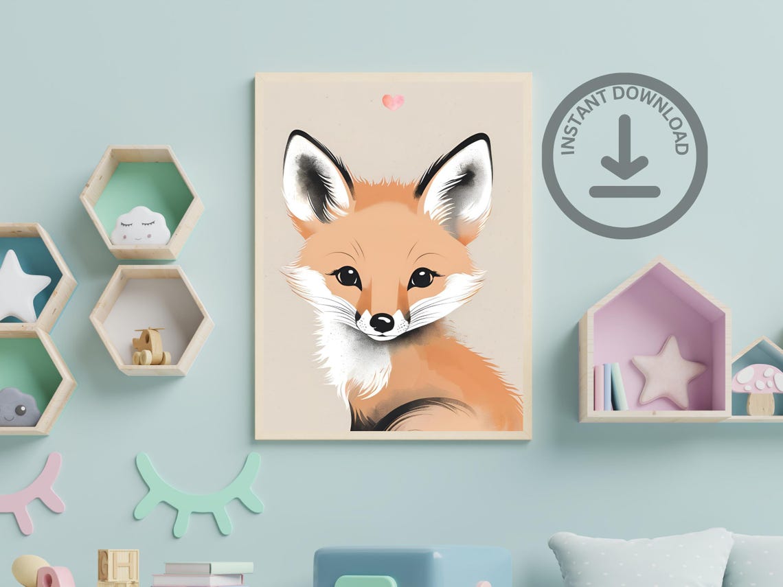 Baby Fox Portrait Watercolor Cute Orange Woodland Nursery Poster - Image 2