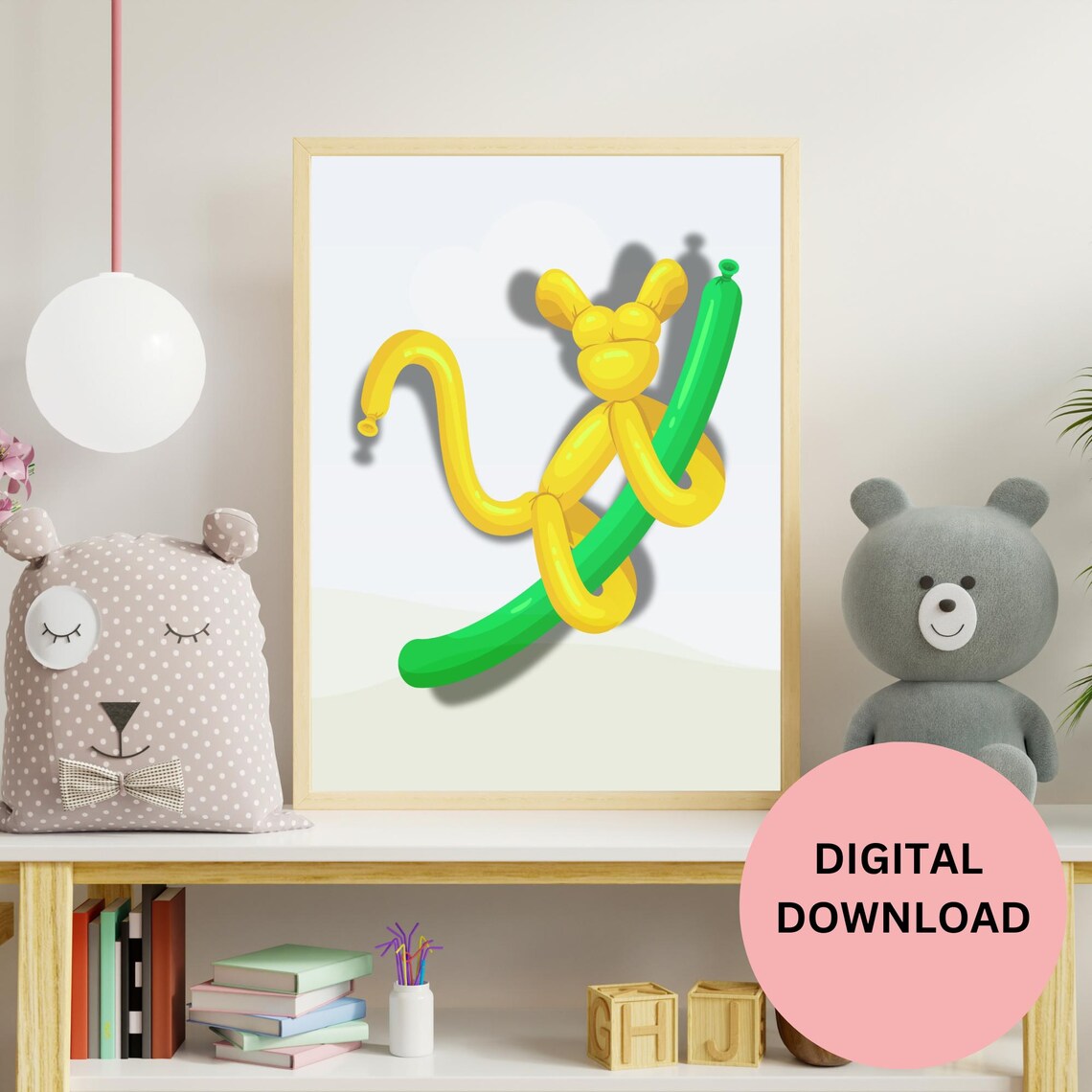 Yellow Balloon Monkey Climbing Green Vine Fun Kids Room Poster - Image 2