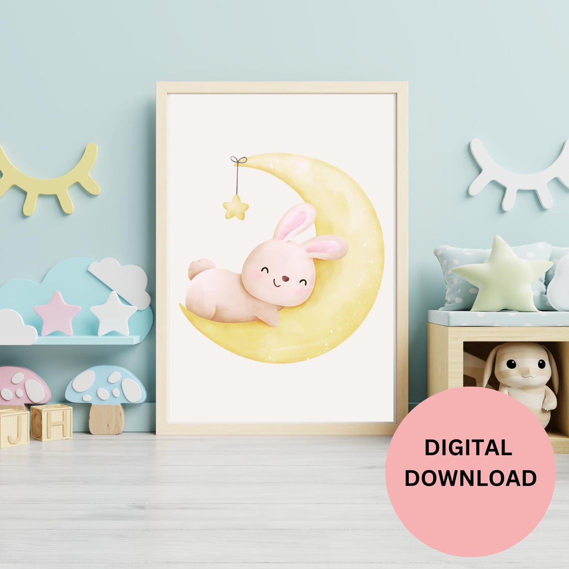 Sleeping Bunny on Crescent Moon Watercolor Nursery Night Art Print - Image 3