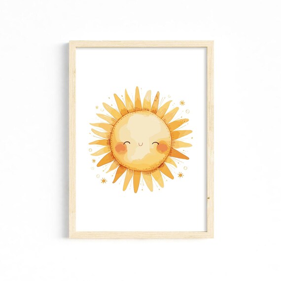 Smiling Golden Watercolor Sun Kids Nursery Room Decor Poster