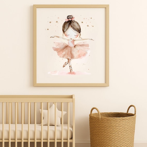 Watercolor Ballerina Girl in Pink Tutu Nursery Room Wall Art