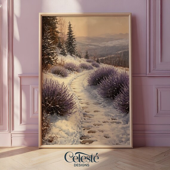 Winter Lavender Hillside Snowy Footpath Pine Trees Moody Landscape Poster