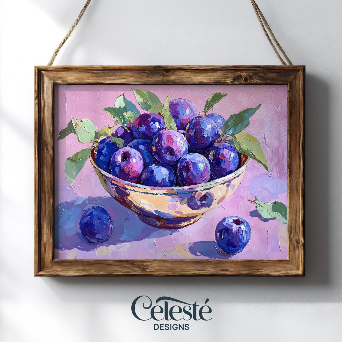 Purple Plums Bowl Oil Painting Pink Kitchen Fruit Still Life Art Poster