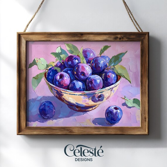 Purple Plums Bowl Oil Painting Pink Kitchen Fruit Still Life Art Poster