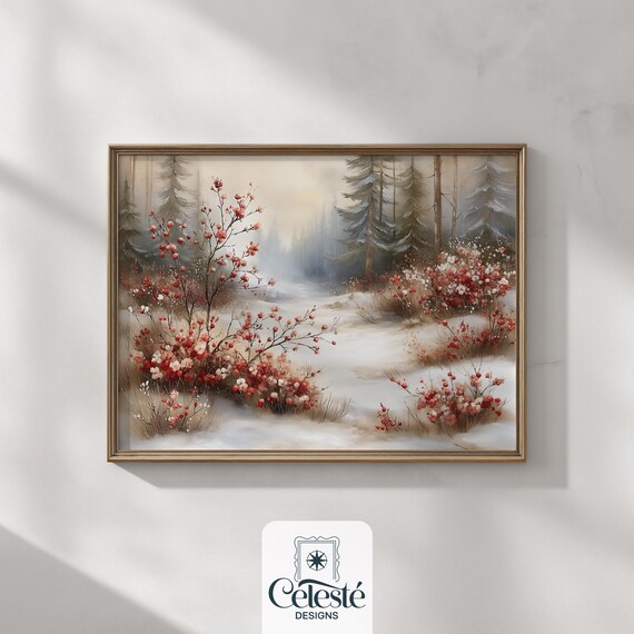 Snowy Winter Forest Path Red Berry Bushes Watercolor Wall Art