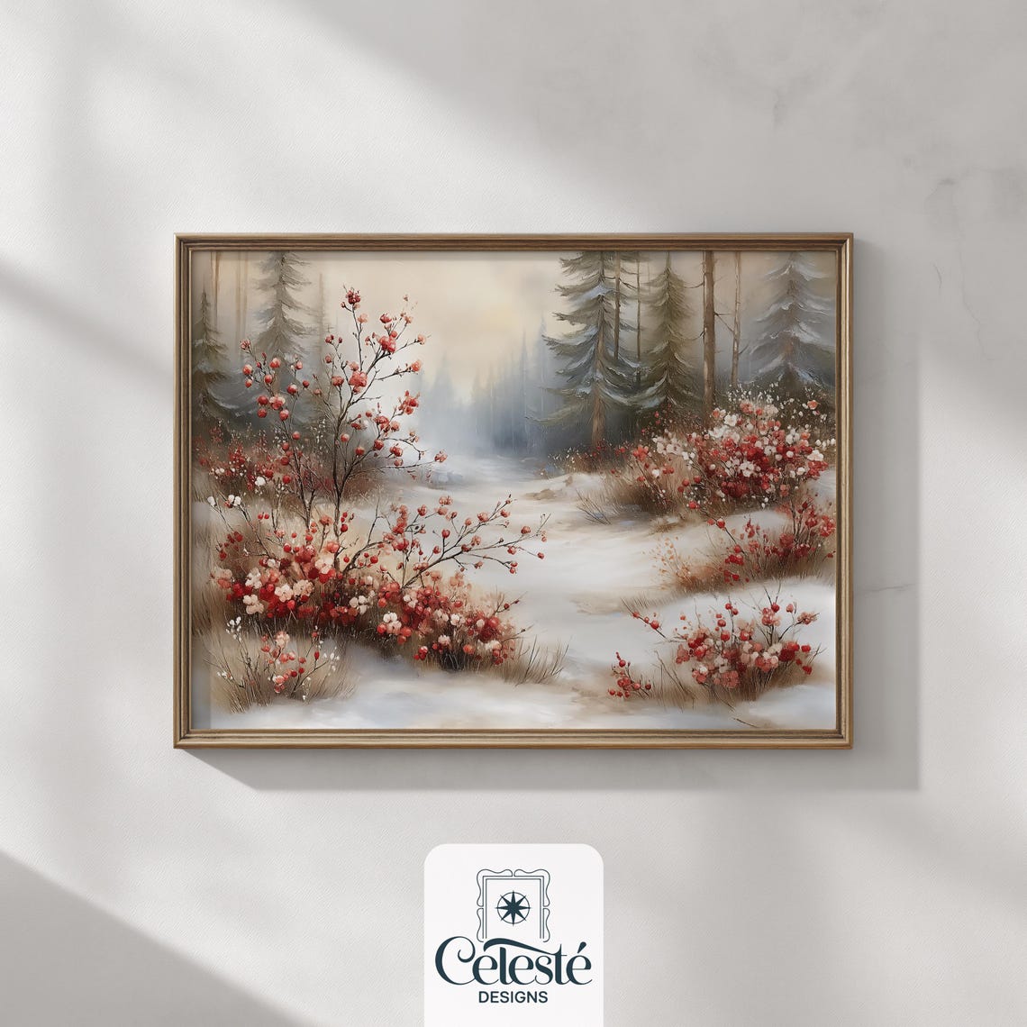 Snowy Winter Forest Path Red Berry Bushes Watercolor Wall Art