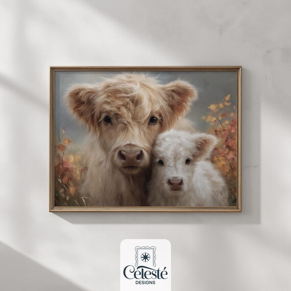 Highland Cow And Calf Cuddling Cozy Rustic Nursery Farmhouse Wall Art