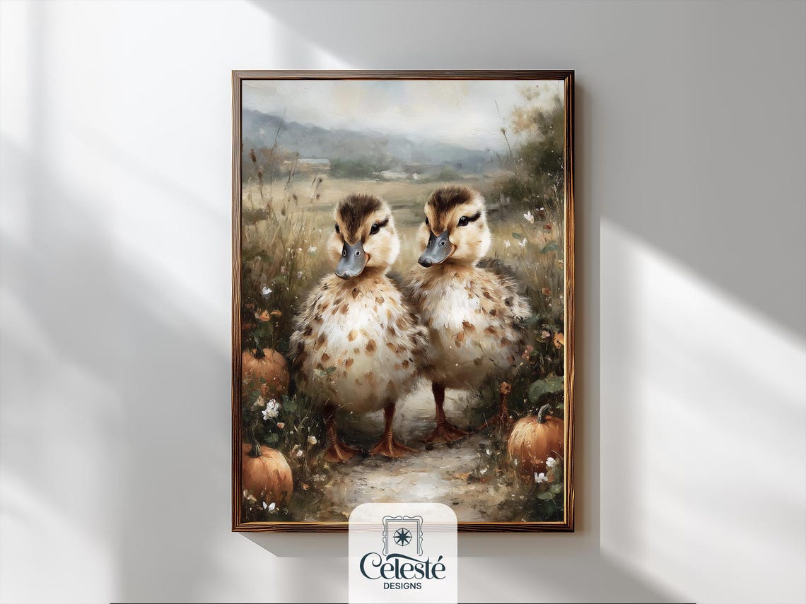 Cute Ducklings Among Pumpkins Autumn Farmhouse Nursery Wall Art