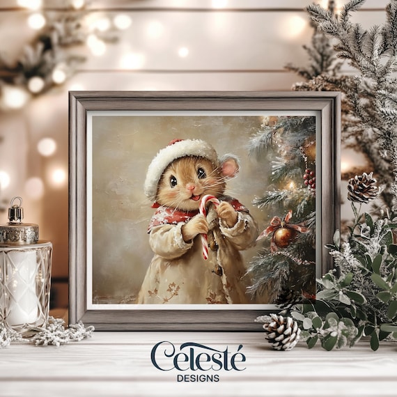 Holiday Mouse in Santa Hat Christmas Poster with Candy Cane and Tree