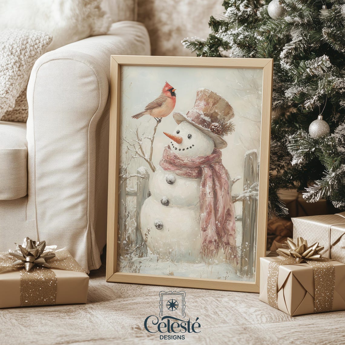 Snowman With Red Cardinal Perched by Top Hat Vintage Winter Art Poster