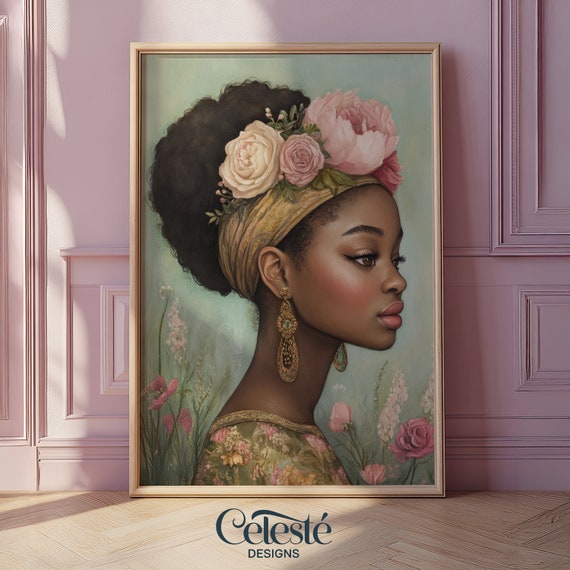 Vintage African Portrait Art Woman With Flowers Print