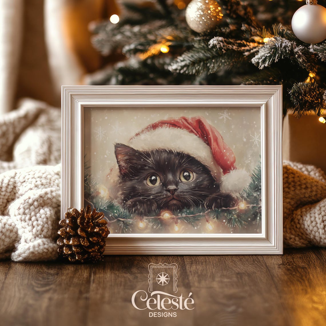 Christmas Black Kitten Santa Hat Snowy Winter Cat Portrait Poster