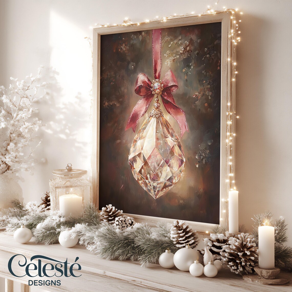 Crystal Teardrop Christmas Ornament With Pink Bow and Jeweled Clasp Print