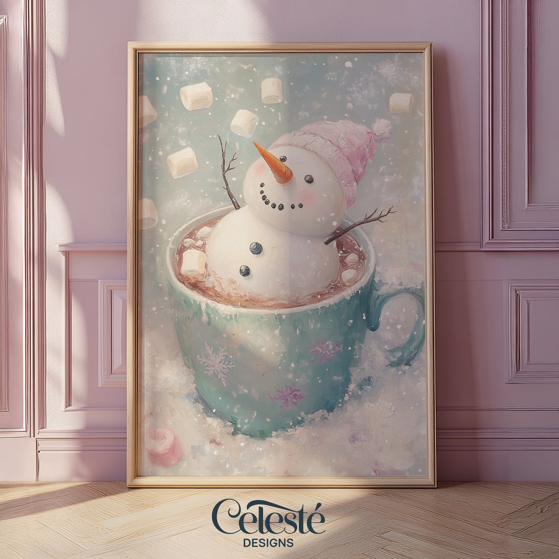 Snowman Hot Chocolate Marshmallow Mug Cute Winter Holiday Poster