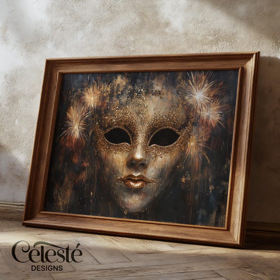 Gold Masquerade Face Print Glam Black And Wall Art
