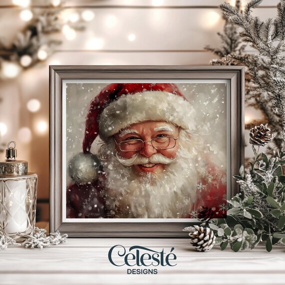 Vintage Santa Claus Smiling Close Up Portrait Snowy Christmas Print