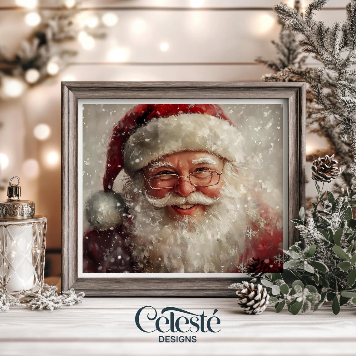 Vintage Santa Claus Smiling Close Up Portrait Snowy Christmas Print