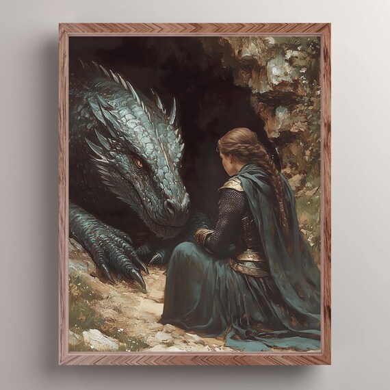 Lady Warrior And The Dragon Art Print Medieval Fantasy Wall Decor Knight Dragon Painting Dark Academia Wall Art Knight Lover Gift