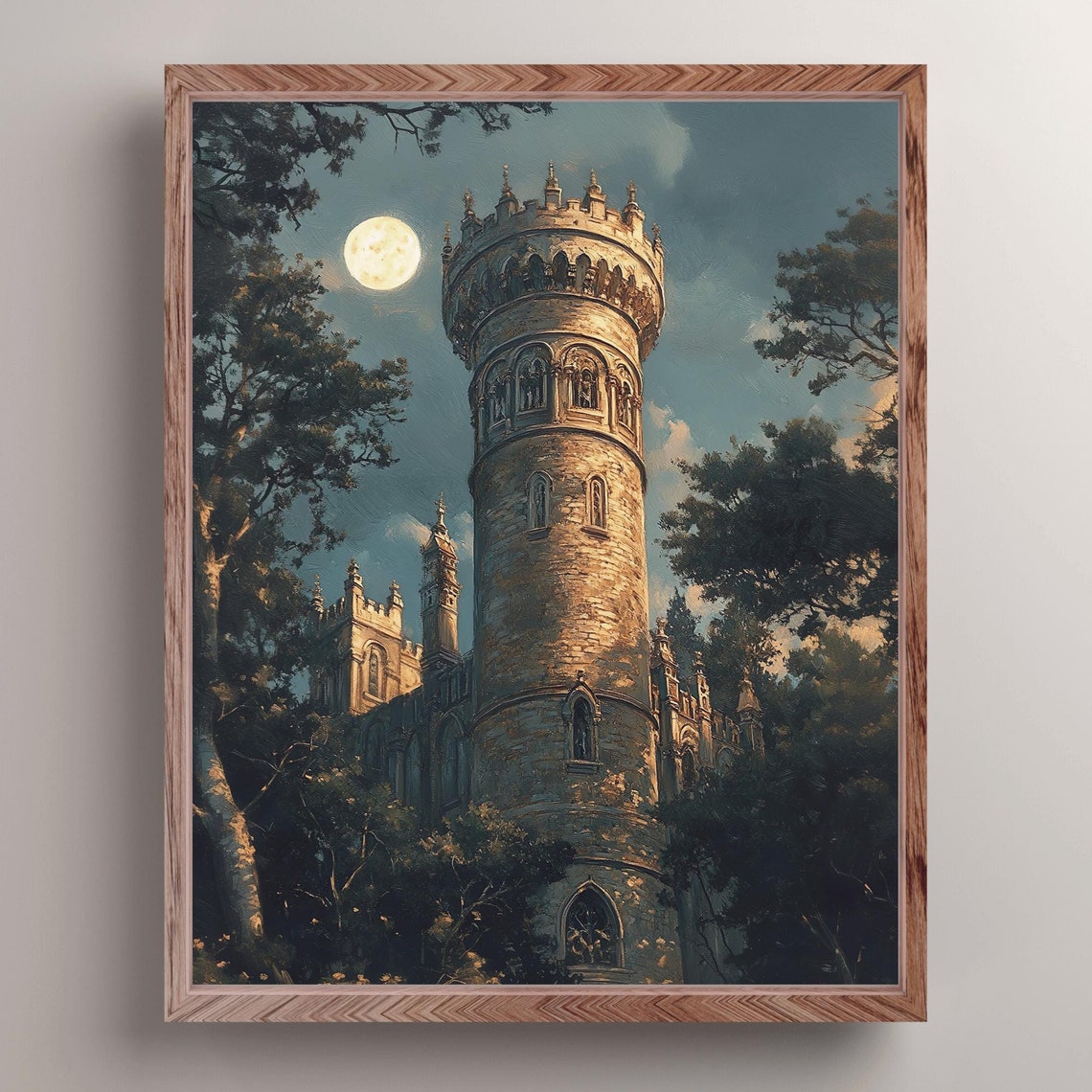 Moonlit Castle Tower Rising Above Dark Forest Trees Fantasy Poster