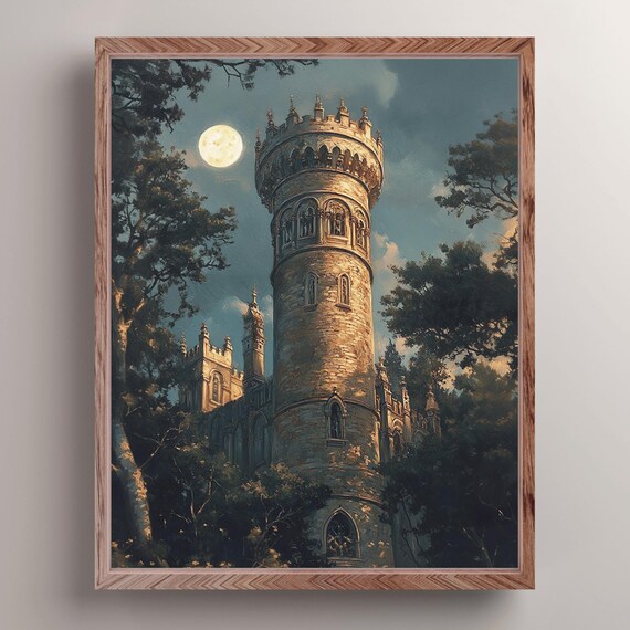 Secret Castle In The Forest Art Print Dark Academia Wall Decor Vintage Castle Painting Fantasy Reading Nook Wall Art Knight Lover Gift