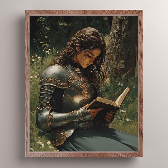 Latin Lady Knight Reading In The Forest Art Print Dark Academia Wall Decor Medieval Fantasy Wall Art Woman Knight Painting Bookish Gift