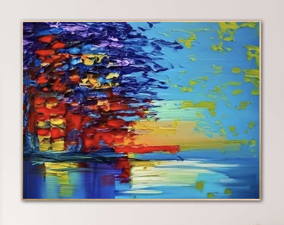 Blue and Red Abstract Tree Beside the Water Impasto Art Poster - Image 4