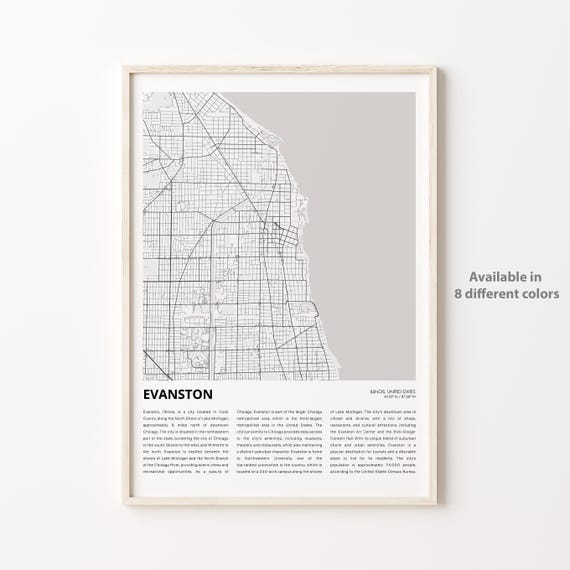 Evanston Map Print Travel Wall Decor Art Illinois Housewarming Gift