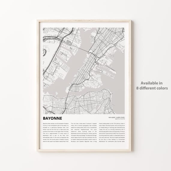 Bayonne Map Print Travel Wall Decor Art New Jersey Housewarming Gift Personalized Poster