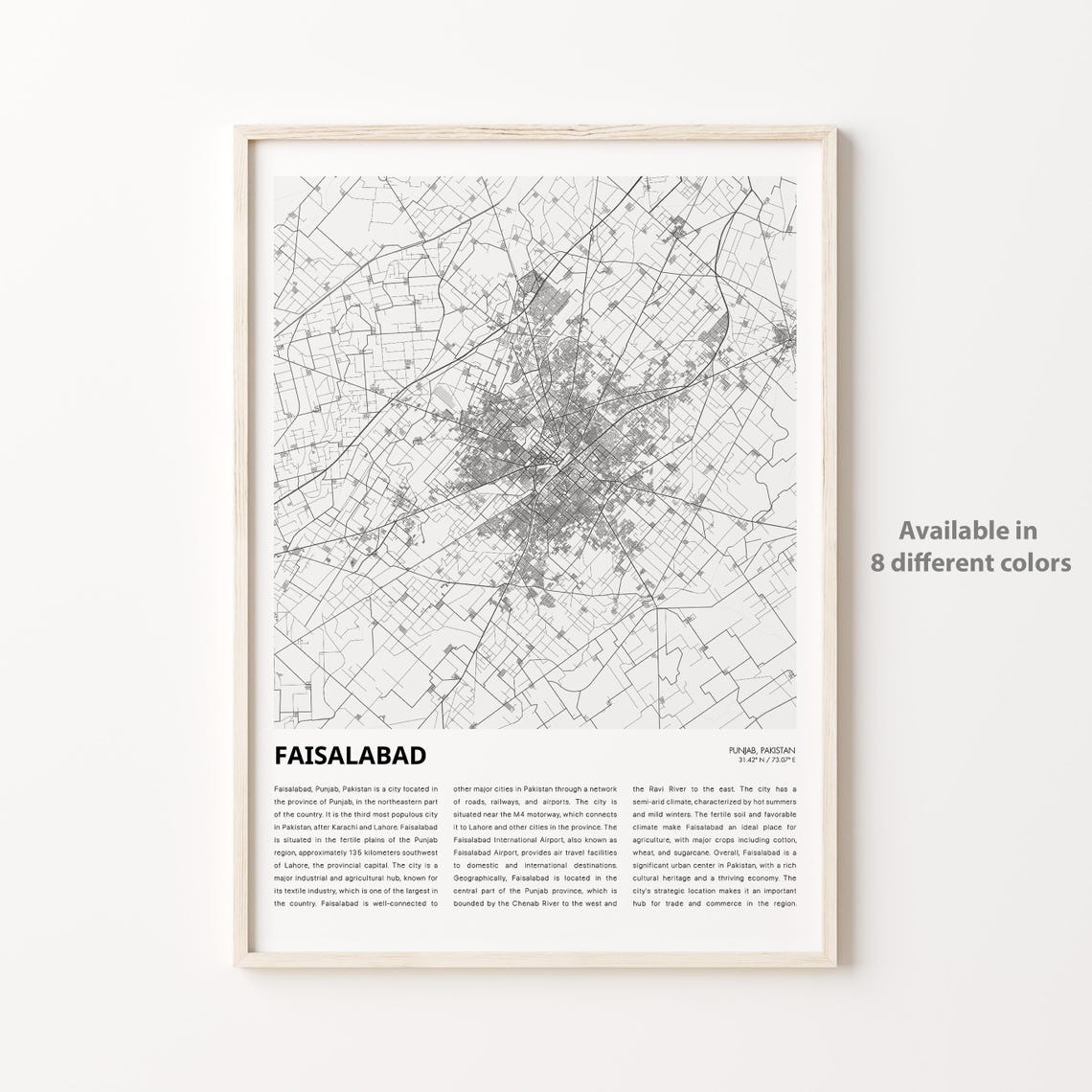Faisalabad Map Print Travel Wall Decor Art Punjab Housewarming Gift