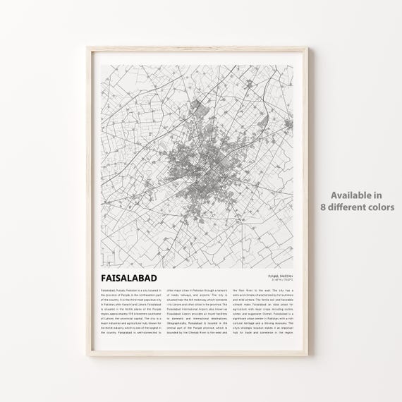 Faisalabad Map Print Travel Wall Decor Art Punjab Housewarming Gift