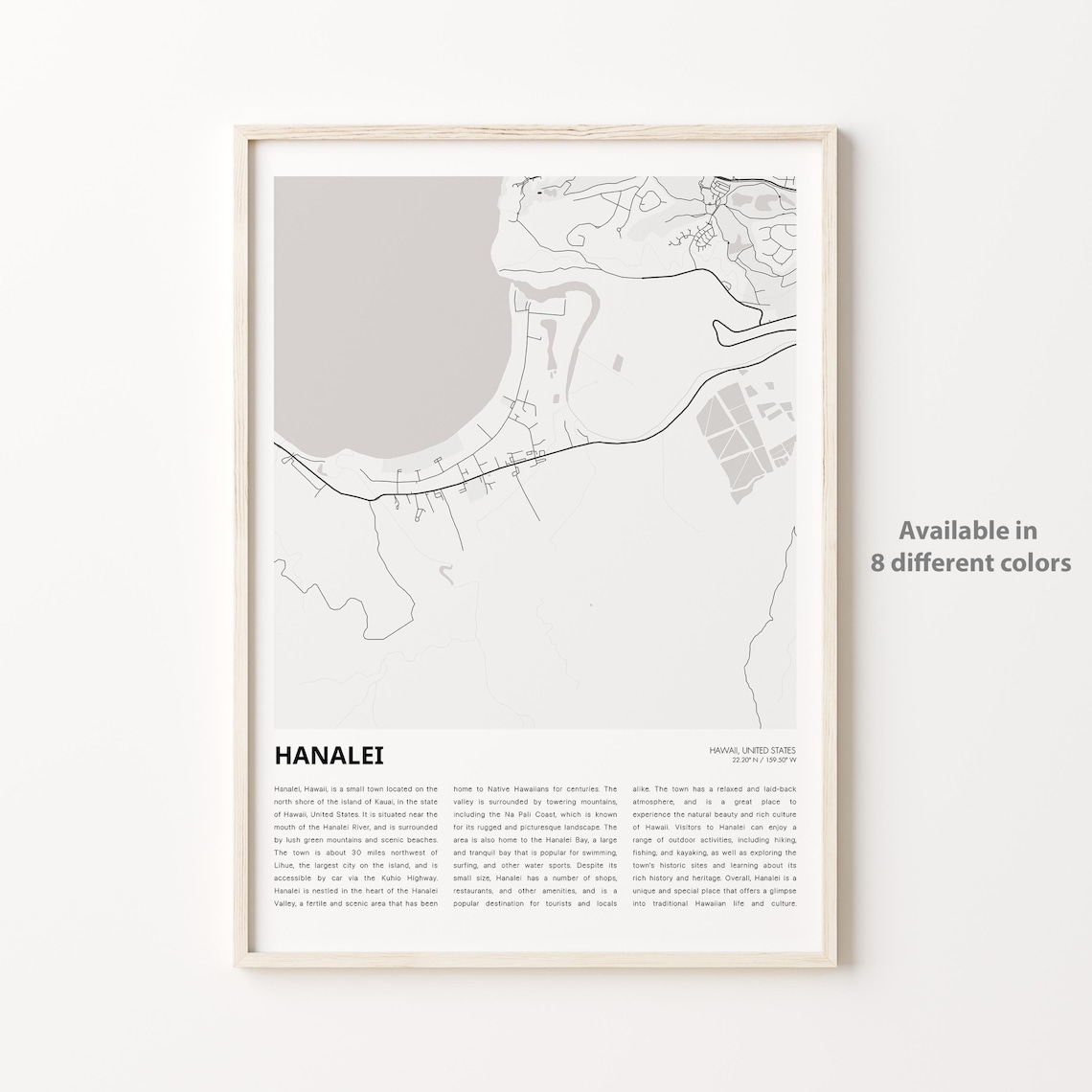 Hanalei Hawaii Kauai City Map Minimalist Island Travel Poster