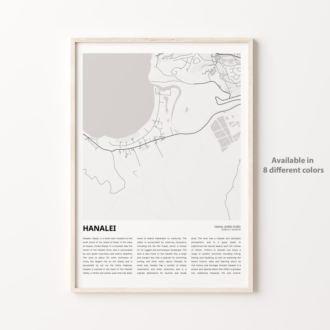 Hanalei Map Print Travel Wall Decor Art Hawaii Housewarming Gift