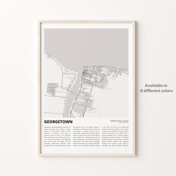 Georgetown Map Print Travel Wall Decor Art Demeraramahaica Housewarming Gift