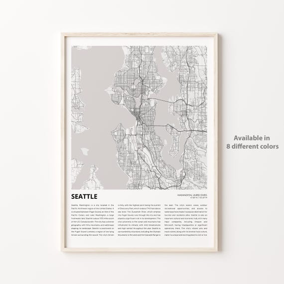 Seattle Washington Minimalist City Map Travel Poster Modern Wall Decor