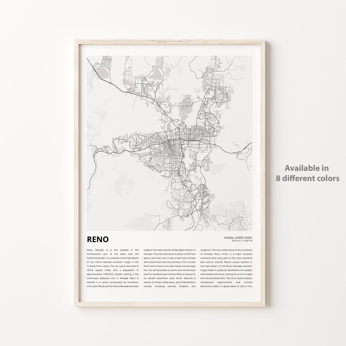 Reno Nevada USA City Map Poster With Descriptive History Text