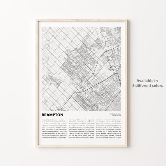 Brampton Map Print Travel Wall Decor Art Ontario Housewarming Gift