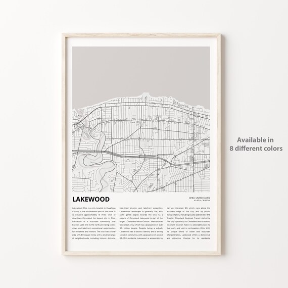 Lakewood Ohio Lake Erie Street Map Minimalist City Travel Poster