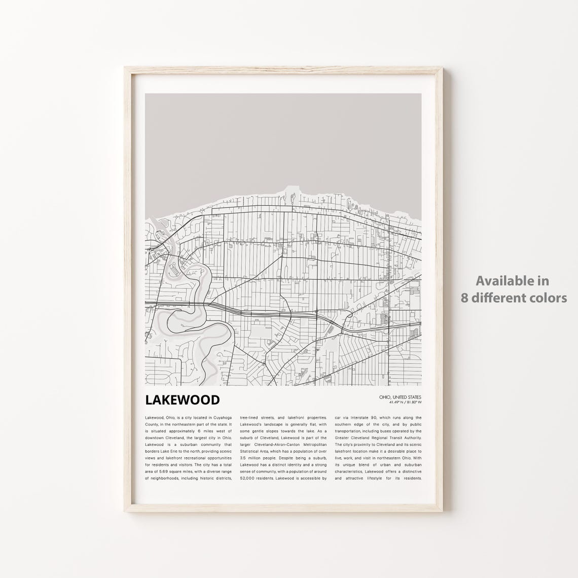 Lakewood Ohio Lake Erie Street Map Minimalist City Travel Poster