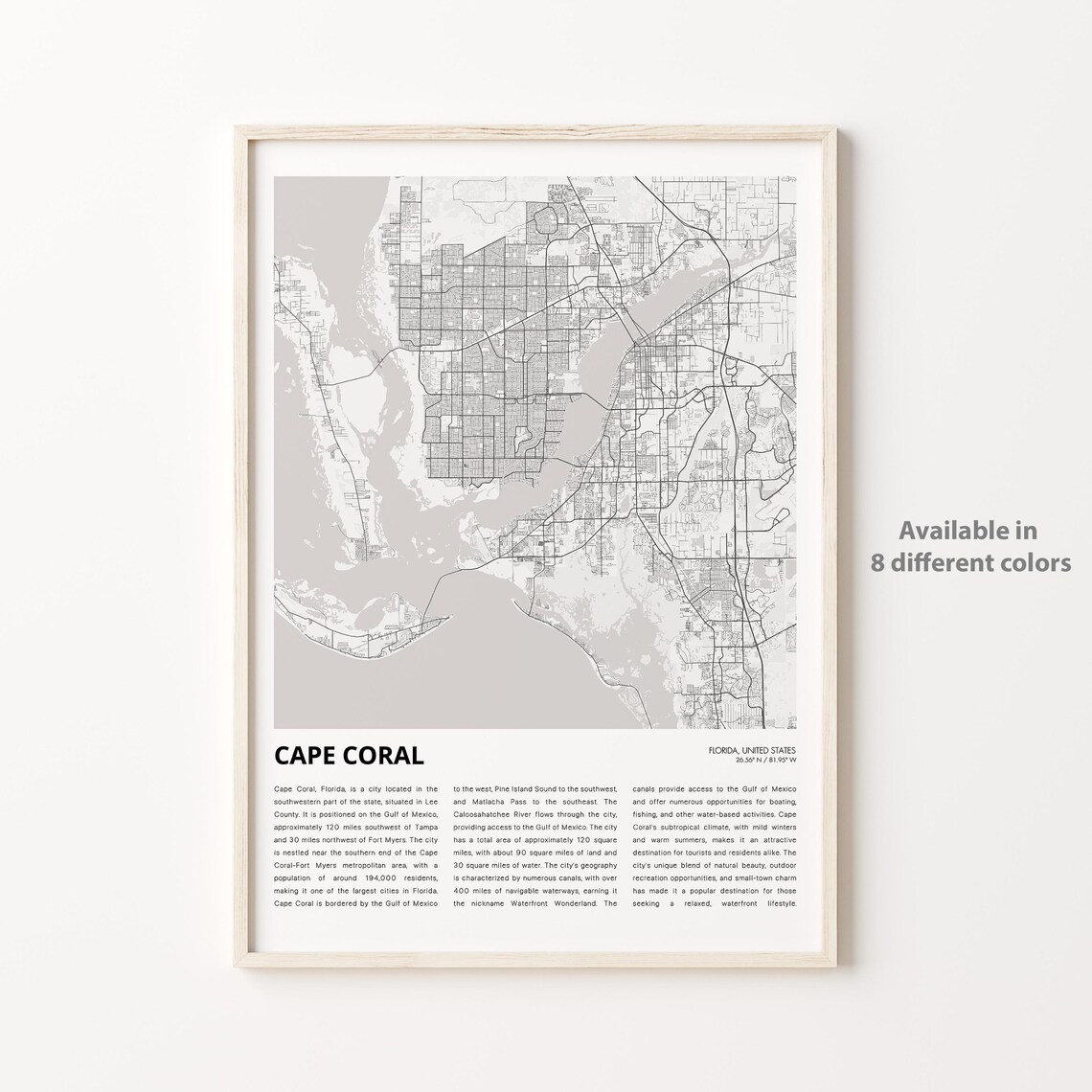 Cape Coral Florida City Street Map Minimalist Travel Guide Print